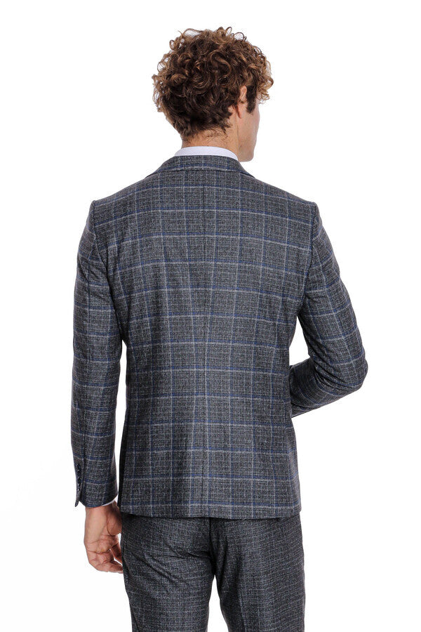 Slim Fit Checked Patterned Black Men Suit - Wessi