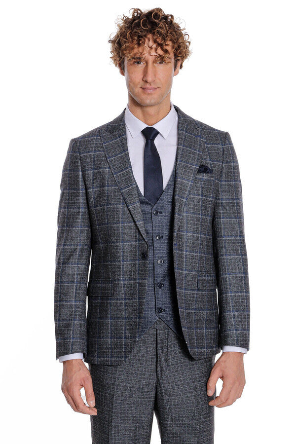 Slim Fit Checked Patterned Black Men Suit - Wessi