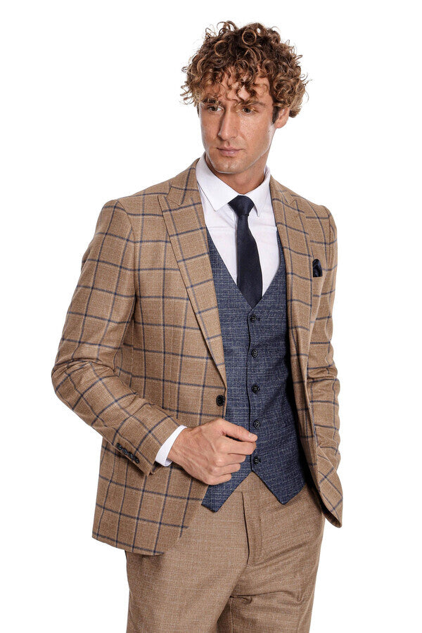 Slim Fit Checked Patterned Brown Men Suit - Wessi