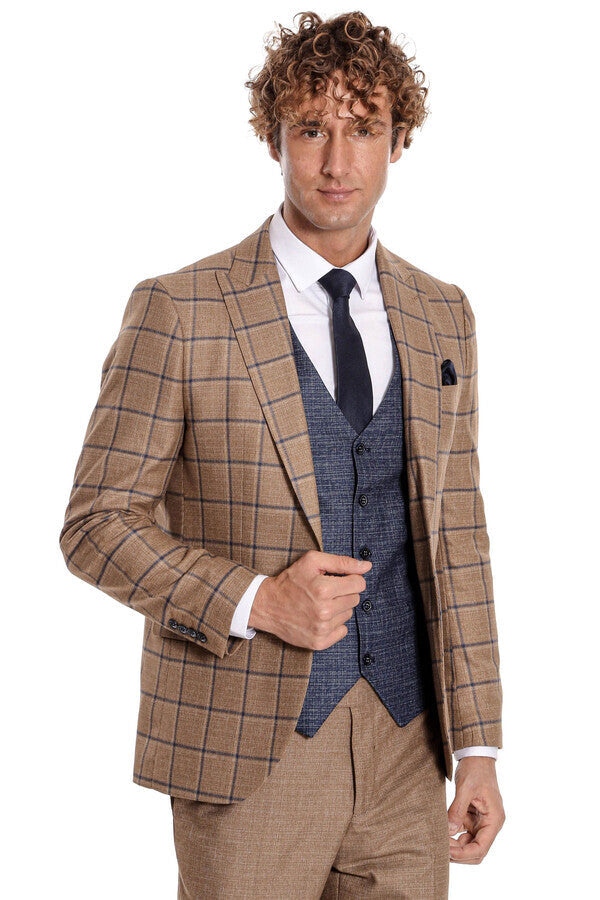 Slim Fit Checked Patterned Brown Men Suit - Wessi