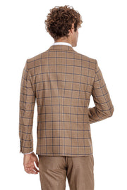 Slim Fit Checked Patterned Brown Men Suit - Wessi