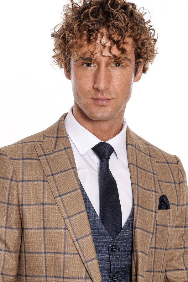 Slim Fit Checked Patterned Brown Men Suit - Wessi