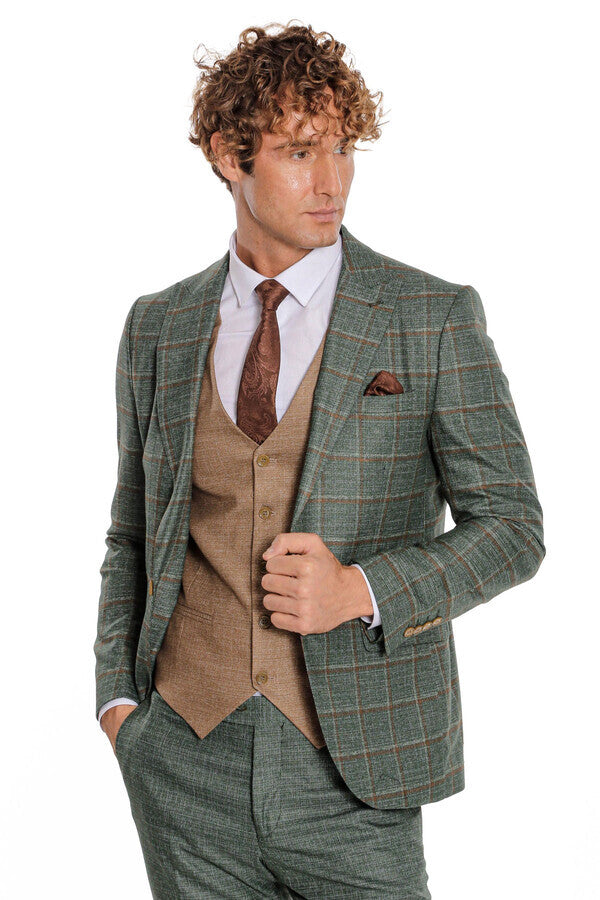 Slim Fit Checked Patterned Green Men Suit - Wessi