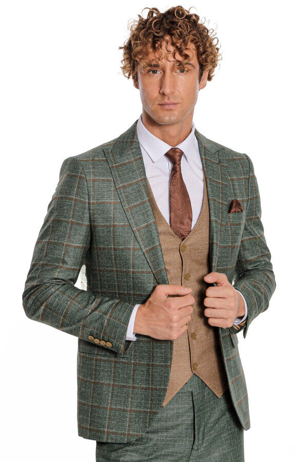 Slim Fit Checked Patterned Green Men Suit - Wessi