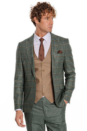 Slim Fit Checked Patterned Green Men Suit - Wessi