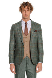 Slim Fit Checked Patterned Green Men Suit - Wessi