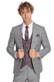 Slim Fit Checked Patterned Grey Men Suit - Wessi