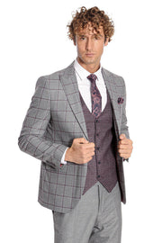 Slim Fit Checked Patterned Grey Men Suit - Wessi