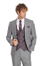 Slim Fit Checked Patterned Grey Men Suit - Wessi