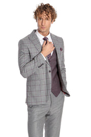 Slim Fit Checked Patterned Grey Men Suit - Wessi