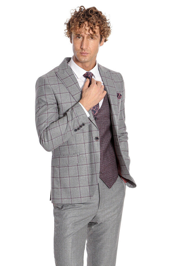 Slim Fit Checked Patterned Grey Men Suit - Wessi