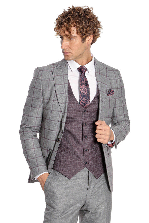 Slim Fit Checked Patterned Grey Men Suit - Wessi