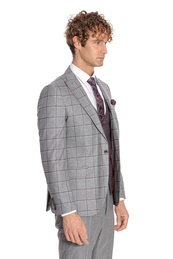 Slim Fit Checked Patterned Grey Men Suit - Wessi