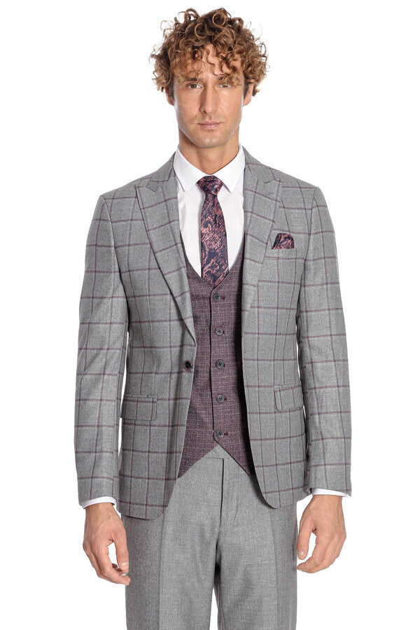 Slim Fit Checked Patterned Grey Men Suit - Wessi