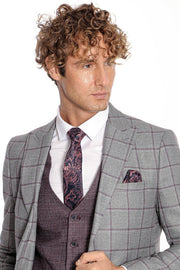 Slim Fit Checked Patterned Grey Men Suit - Wessi