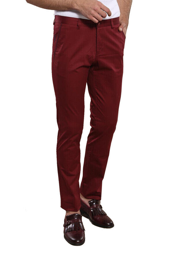 Slim Fit Cotton Burgundy Men Pants - Wessi