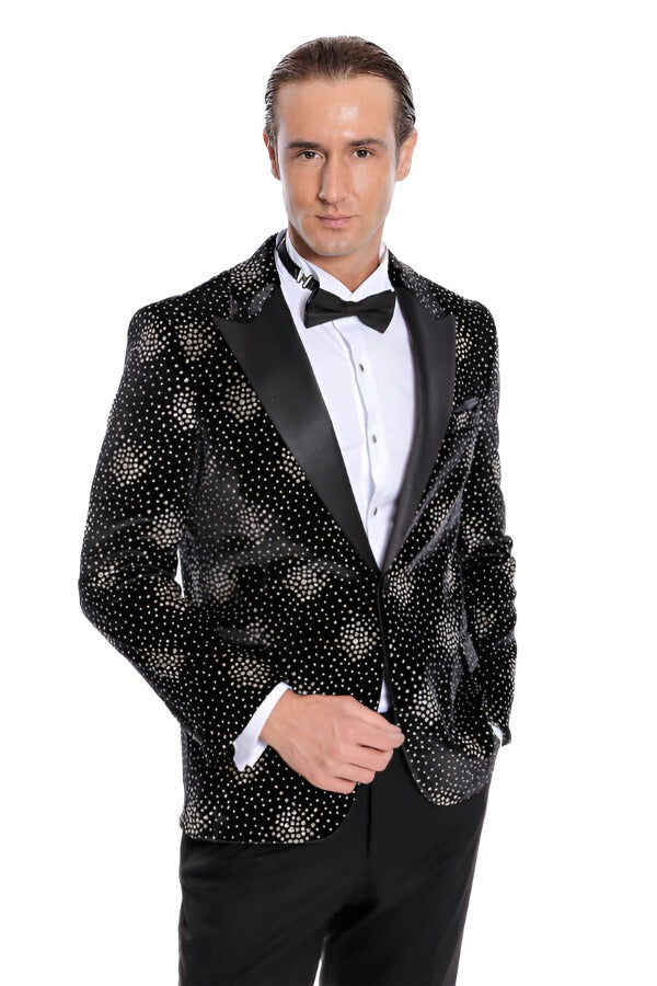 Slim Fit Dot Patterned Black Men Prom Blazer - Wessi