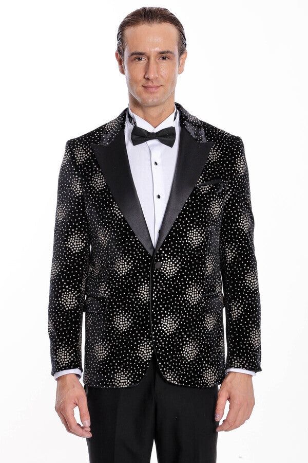 Slim Fit Dot Patterned Black Men Prom Blazer - Wessi