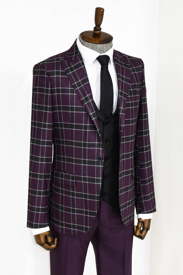 Slim Fit Patterned Checked Burgundy Men Suit - Wessi