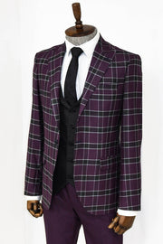 Slim Fit Patterned Checked Burgundy Men Suit - Wessi