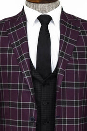 Slim Fit Patterned Checked Burgundy Men Suit - Wessi