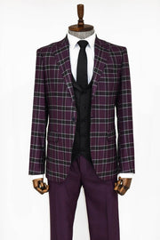 Slim Fit Patterned Checked Burgundy Men Suit - Wessi