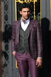 Slim Fit Patterned Checked Burgundy Men Suit - Wessi