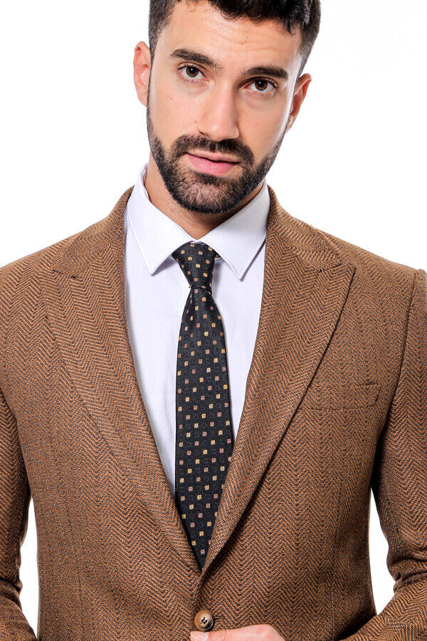 Slim Fit Patterned Light Brown Men Blazer - Wessi