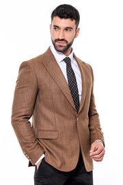 Slim Fit Patterned Light Brown Men Blazer - Wessi