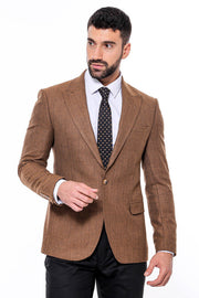 Slim Fit Patterned Light Brown Men Blazer - Wessi