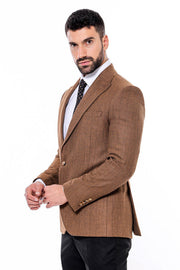 Slim Fit Patterned Light Brown Men Blazer - Wessi