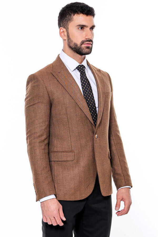 Slim Fit Patterned Light Brown Men Blazer - Wessi