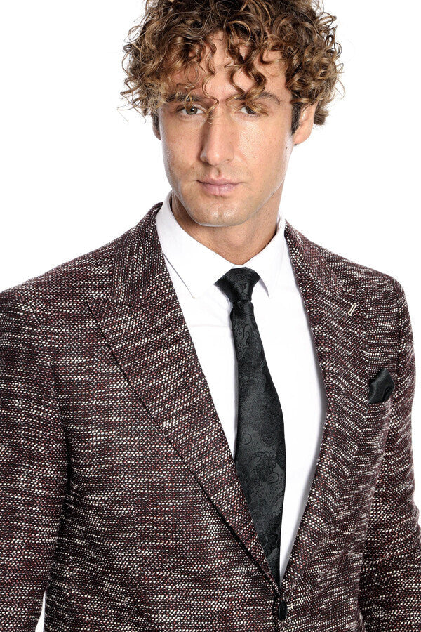 Slim Fit Patterned Sport Burgundy Men Blazer - Wessi