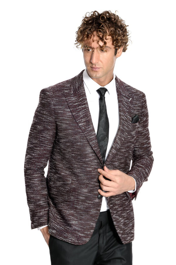 Slim Fit Patterned Sport Burgundy Men Blazer - Wessi