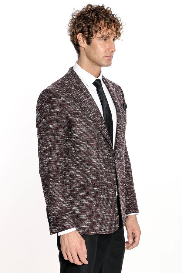 Slim Fit Patterned Sport Burgundy Men Blazer - Wessi