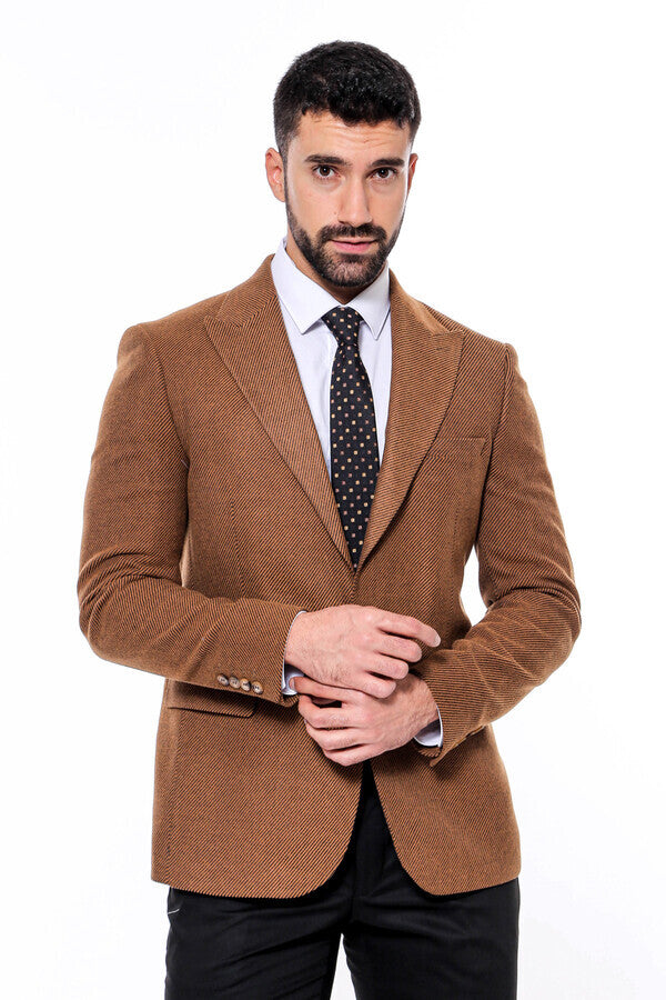 Slim Fit Patterned Tawny Men Blazer - Wessi