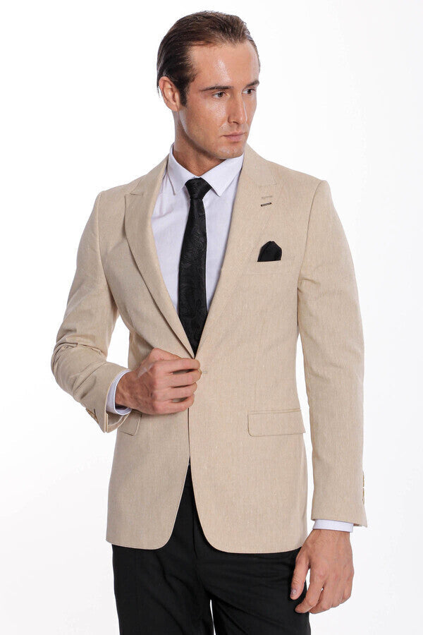 Slim-Fit Peak Lapel Beige Jacket - Wessi