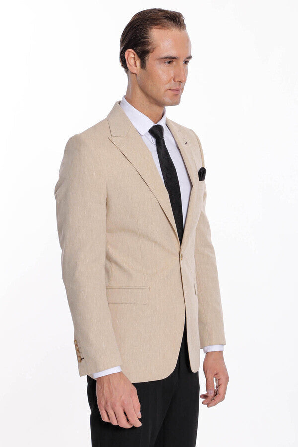 Slim-Fit Peak Lapel Beige Jacket - Wessi