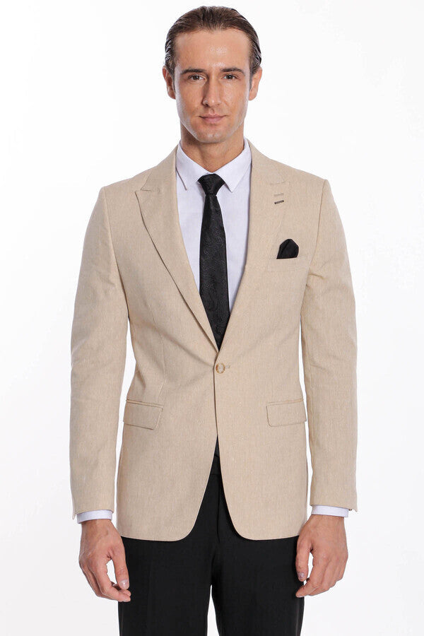 Slim-Fit Peak Lapel Beige Jacket - Wessi