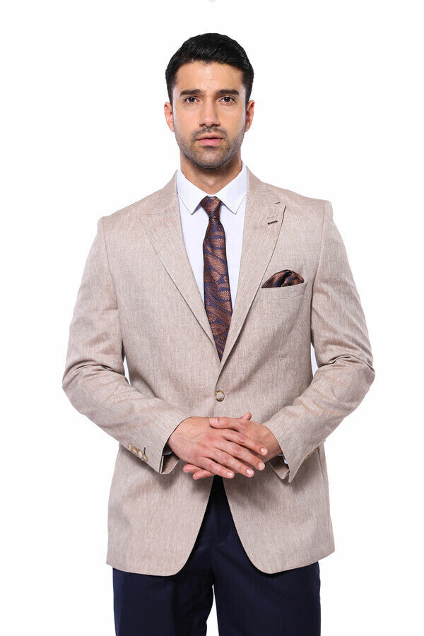 Slim-Fit Peak Lapel Light Brown Jacket - Wessi