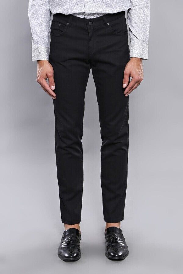 Slim Fit Plain 5 Pockets Black Men Pants - Wessi