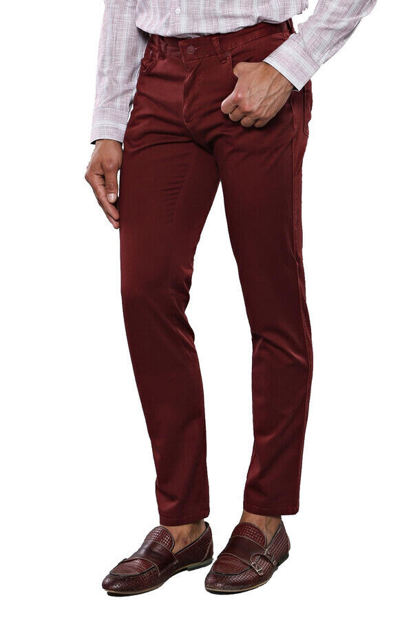 Slim Fit Plain 5 Pockets Burgundy Men Pants - Wessi