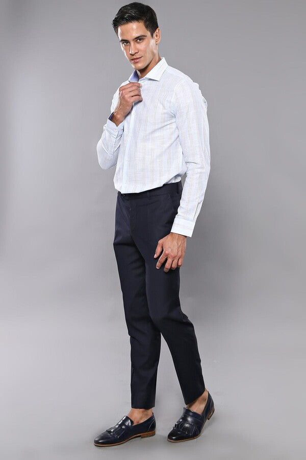 Slim Fit Plain Navy Blue Men Trousers - Wessi