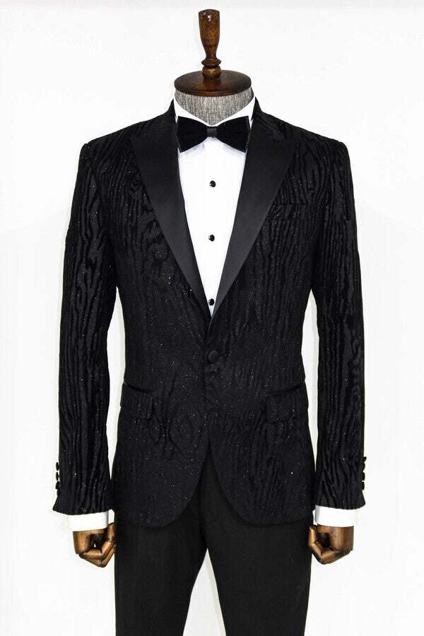 Slim Fit Zebra Patterned Black Prom Blazer - Wessi