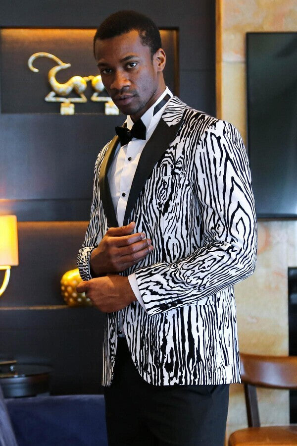 Slim Fit Zebra Patterned White Men Prom Blazer - Wessi