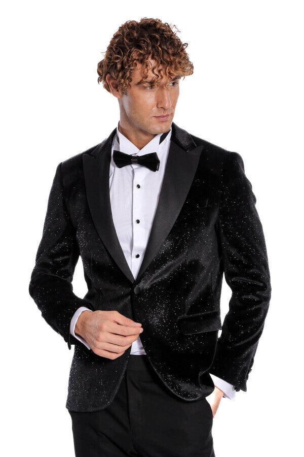 Sparkle Slim Fit Velvet Black Men Prom Blazer - Wessi