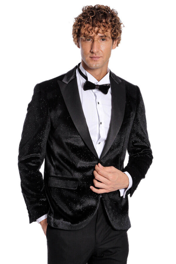 Sparkle Slim Fit Velvet Black Men Prom Blazer - Wessi