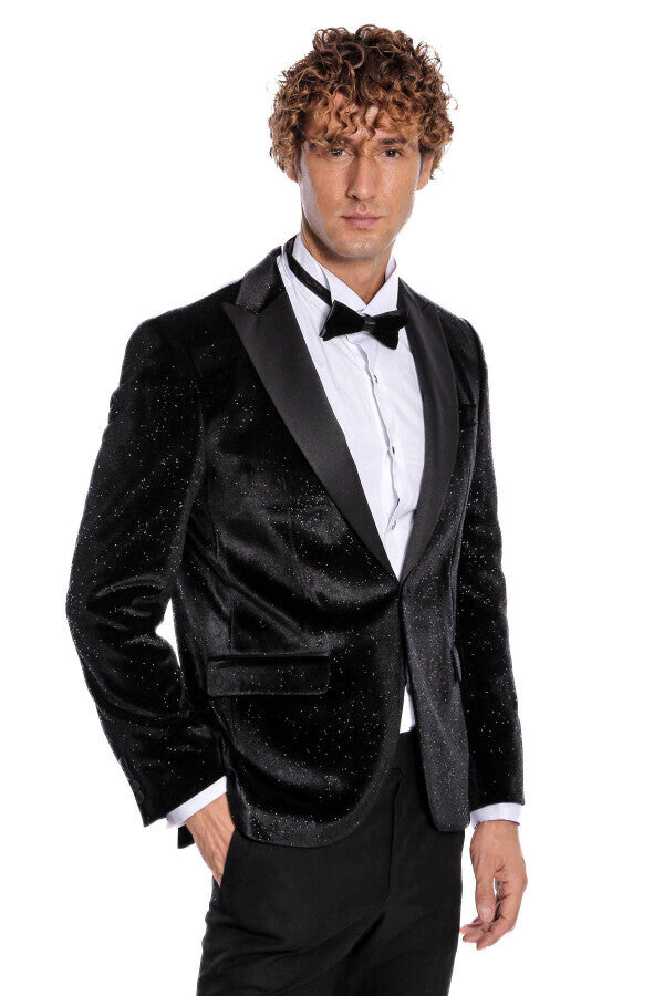 Sparkle Slim Fit Velvet Black Men Prom Blazer - Wessi