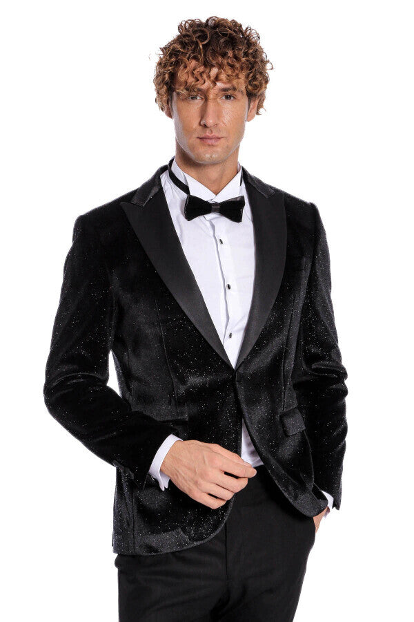 Sparkle Slim Fit Velvet Black Men Prom Blazer - Wessi