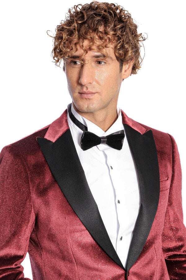 Sparkle Slim Fit Velvet Burgundy Men Prom Blazer - Wessi